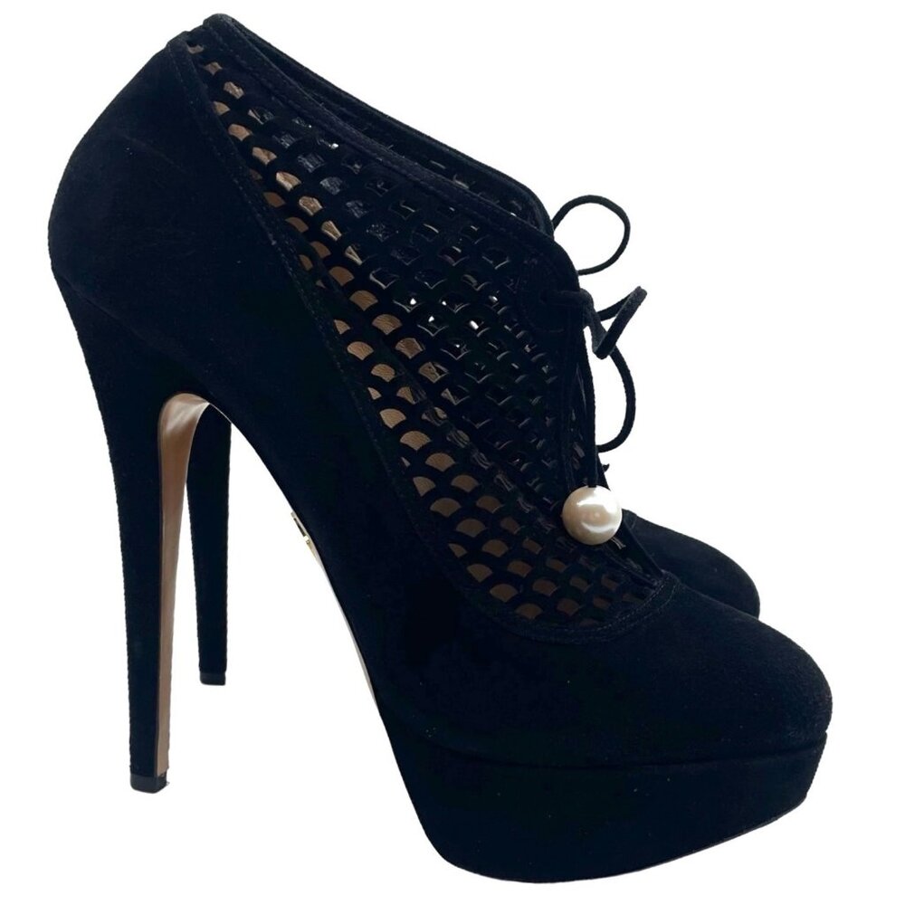 Charlotte Olympia Minerva Laser Cut Suede Platform Heels 40 Dark Academia Goth - Picture 3 of 10